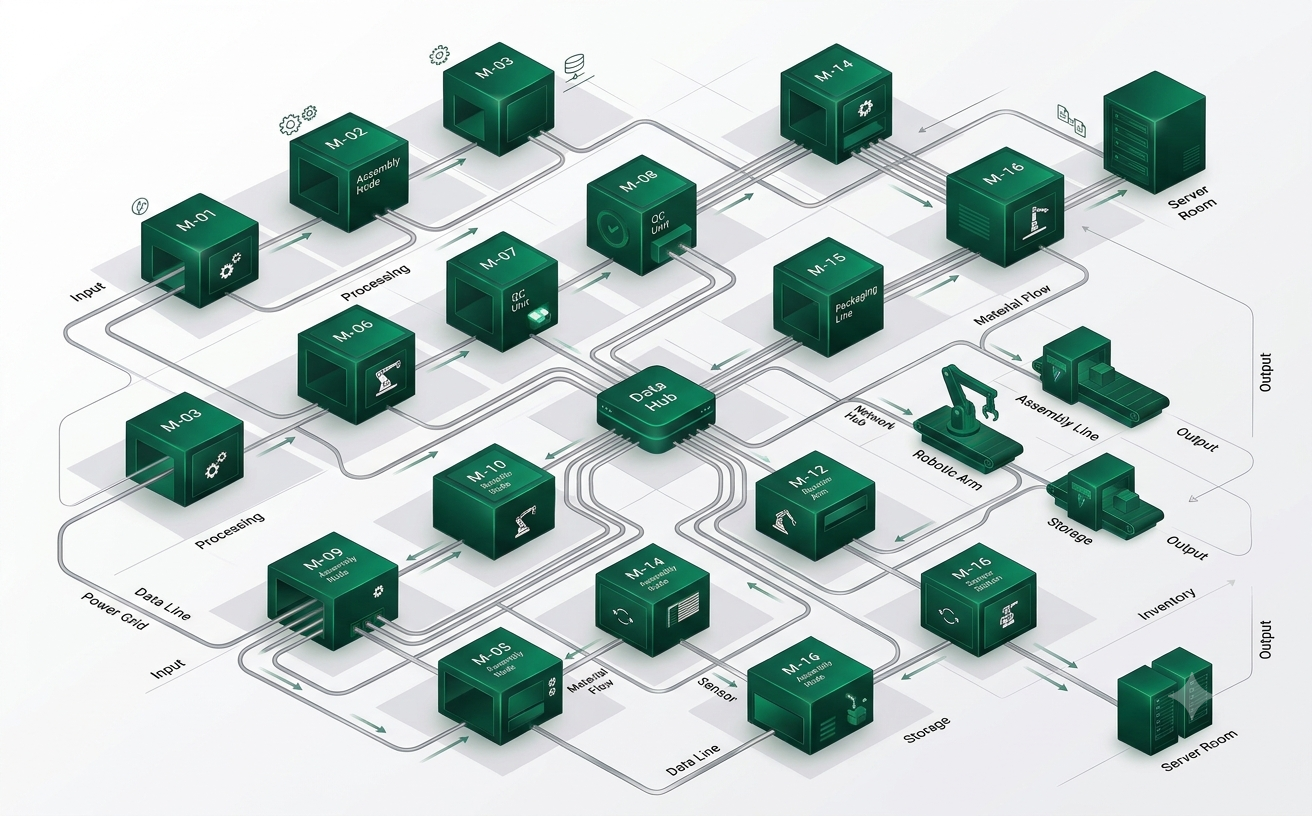 high-tech isometric factory floor under Skelbiz automation