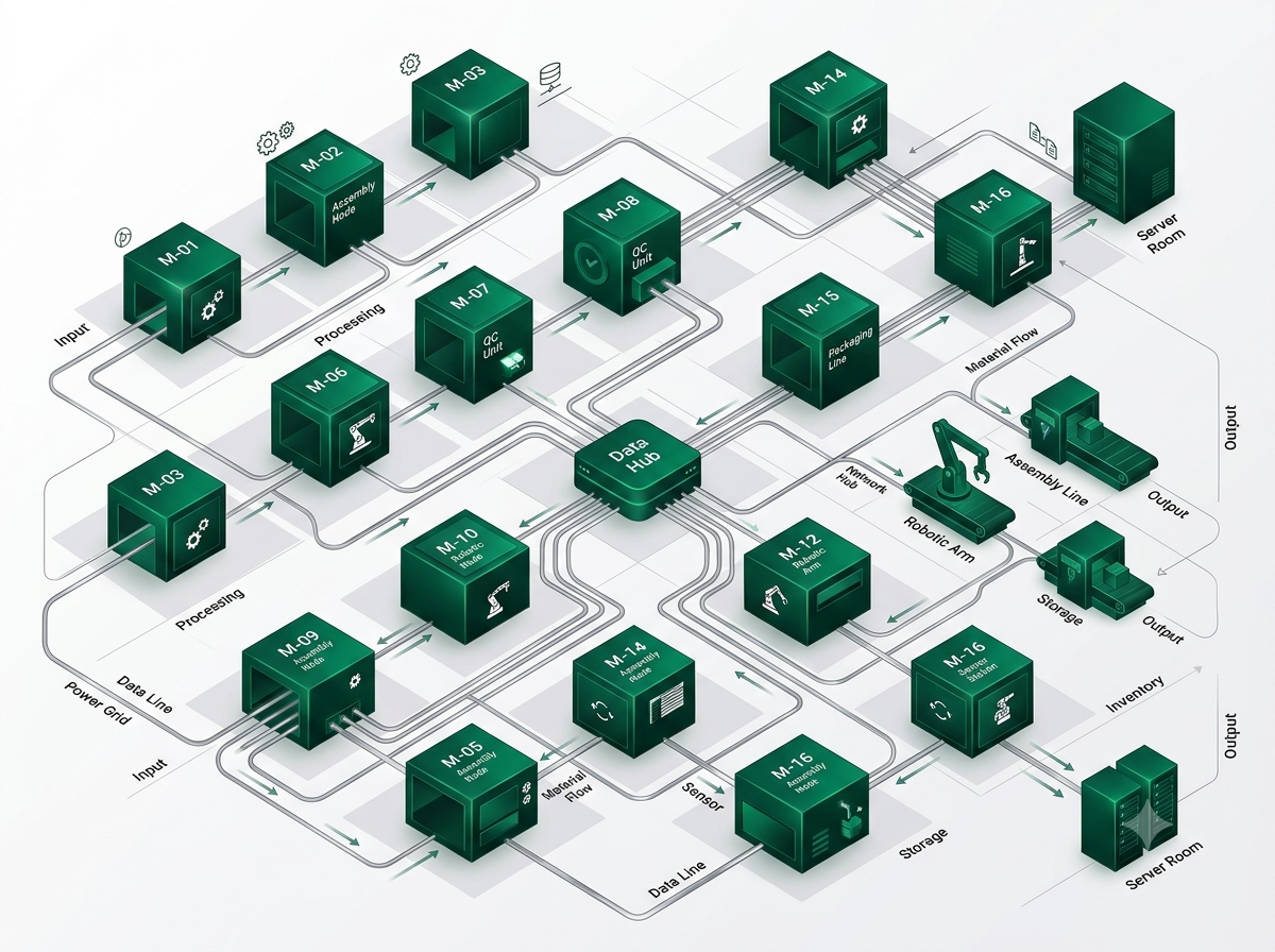 high-tech isometric factory floor under Skelbiz automation