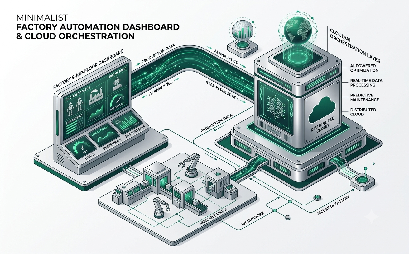 Isometric diagram of connected factory machines under Skelbiz automation